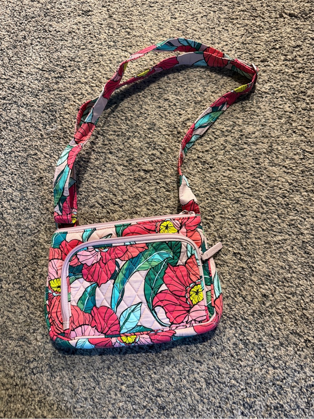 Vera Bradley Pink Floral Quilted Crossbody with Teal Leaves